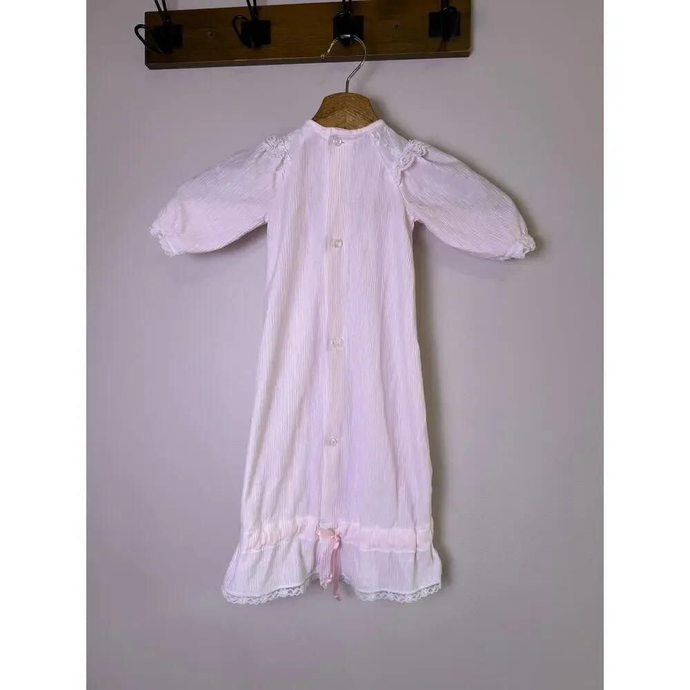 Vintage Baby Pink Lace Yoke Nightgown Long Sleeve Ruffle Hem Infant Gown 18mo?